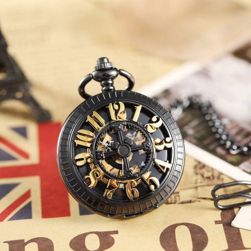 Zsebóra mechanikus működéssel, kör alakú számlap, ötvözet tok, analóg kijelző, karikatúraszerű csontváz-stílusú dizájn