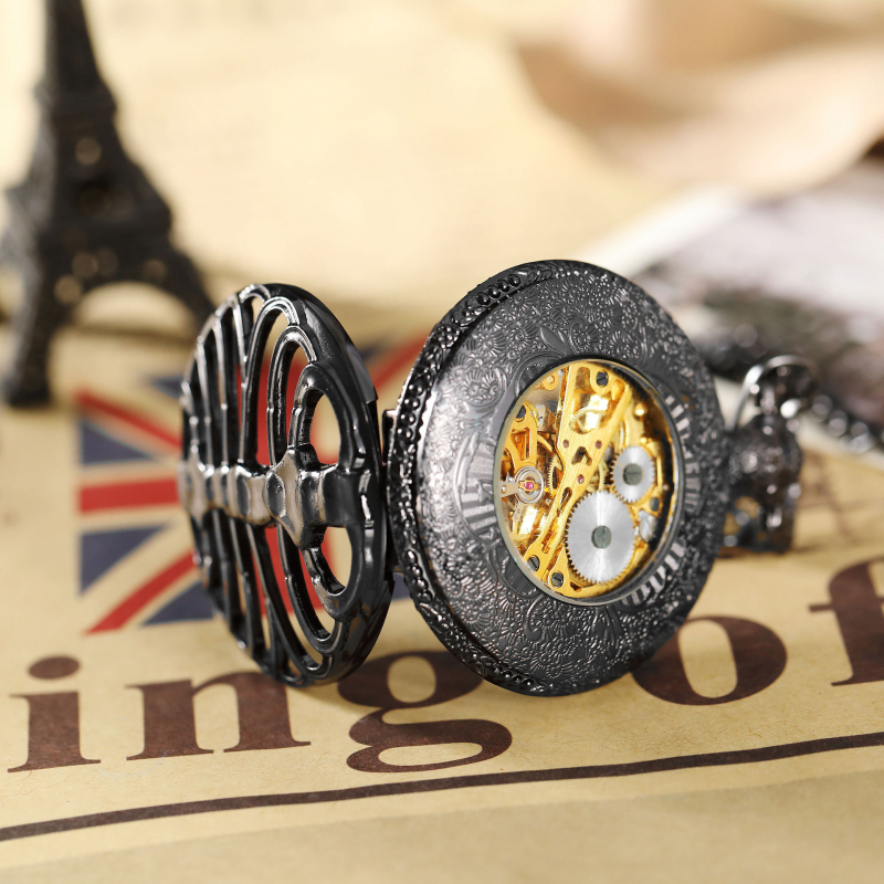 Zsebóra mechanikus működéssel, kör alakú számlap, ötvözet tok, analóg kijelző, karikatúraszerű csontváz-stílusú dizájn