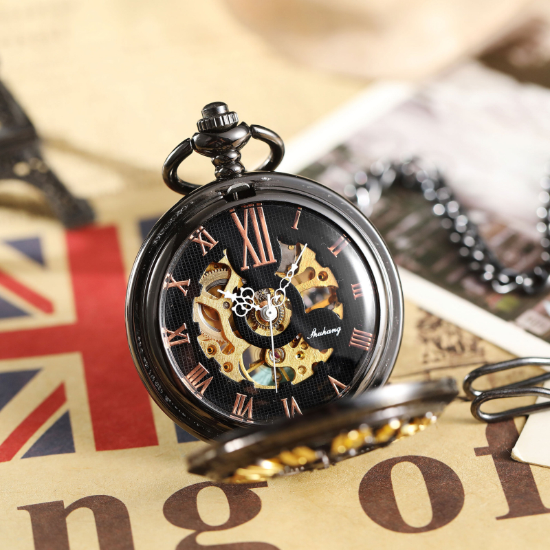 Zsebóra mechanikus működéssel, kör alakú számlap, ötvözet tok, analóg kijelző, karikatúraszerű csontváz-stílusú dizájn