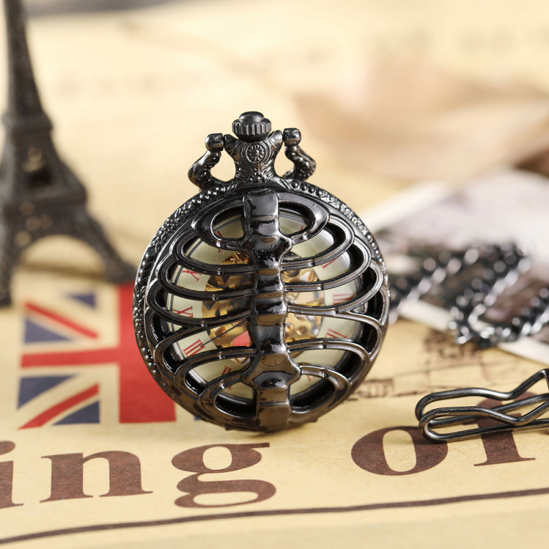 Zsebóra mechanikus működéssel, kör alakú számlap, ötvözet tok, analóg kijelző, karikatúraszerű csontváz-stílusú dizájn