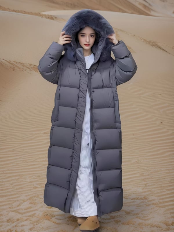 Lúdtollal töltött pehelykabát, extrém hosszú, kapucnis, róka szőrrel bélelt gallérral, lazán szabott, 51-55% tolltartalom