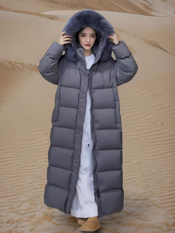 Lúdtollal töltött pehelykabát, extrém hosszú, kapucnis, róka szőrrel bélelt gallérral, lazán szabott, 51-55% tolltartalom
