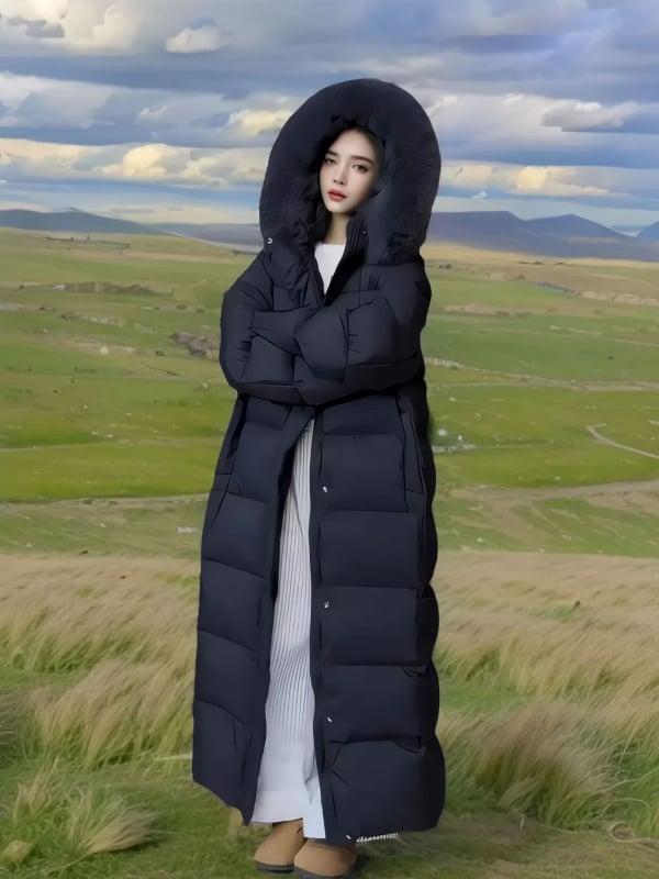 Lúdtollal töltött pehelykabát, extrém hosszú, kapucnis, róka szőrrel bélelt gallérral, lazán szabott, 51-55% tolltartalom