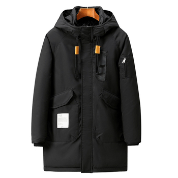 Férfi kapucnis parkas, poliészter töltettel és poliészter béléssel, cipzáras záródás, középhosszú