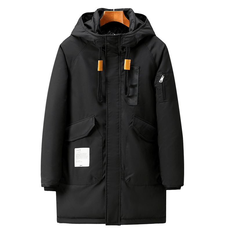 Férfi kapucnis parkas, poliészter töltettel és poliészter béléssel, cipzáras záródás, középhosszú