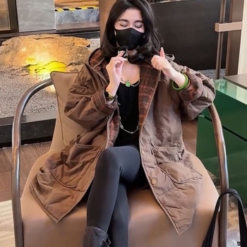 Srednje dugački pamučni kaput s kapuljačom, punjenje od svila-pamuka, Chenille tkanina