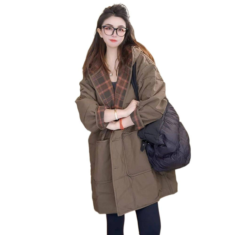 Srednje dugački pamučni kaput s kapuljačom, punjenje od svila-pamuka, Chenille tkanina