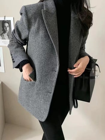 Plus-size vuneni sakoi za žene, zima 2025, casual korejsko-japanski stil, jednobojni, zatvaranje sa dva gumba, veličina L