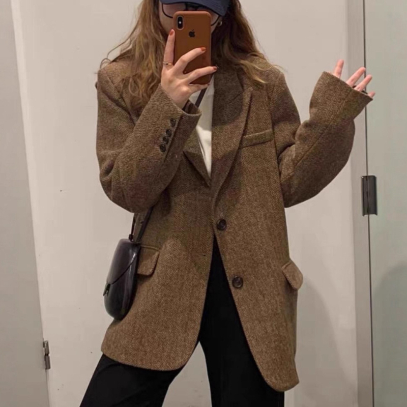 Plus-size vuneni sakoi za žene, zima 2025, casual korejsko-japanski stil, jednobojni, zatvaranje sa dva gumba, veličina L