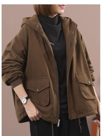 Ženski kaput od pamuka s flis podstavom, kapuljačom, ležernog kroja, zatvaračem, debela izolacija