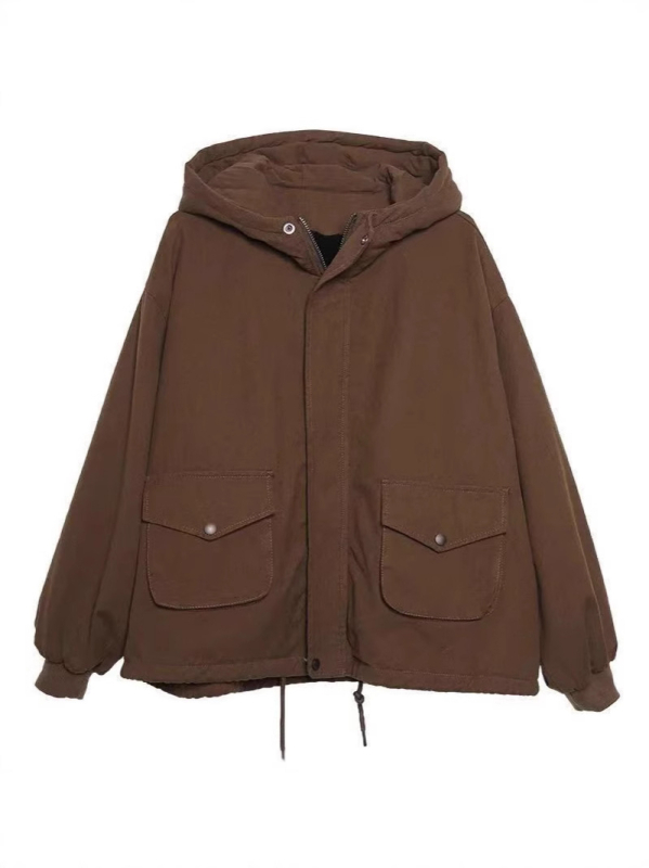 Ženski kaput od pamuka s flis podstavom, kapuljačom, ležernog kroja, zatvaračem, debela izolacija