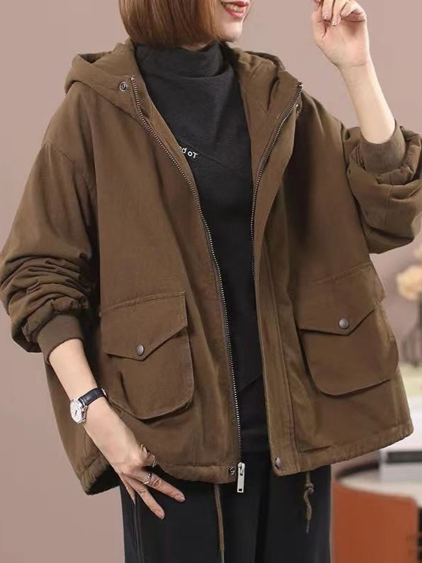 Ženski kaput od pamuka s flis podstavom, kapuljačom, ležernog kroja, zatvaračem, debela izolacija