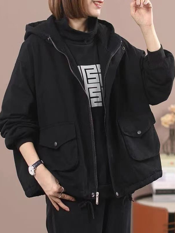 Ženski kaput od pamuka s flis podstavom, kapuljačom, ležernog kroja, zatvaračem, debela izolacija