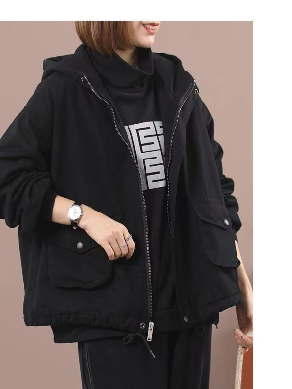 Ženski kaput od pamuka s flis podstavom, kapuljačom, ležernog kroja, zatvaračem, debela izolacija