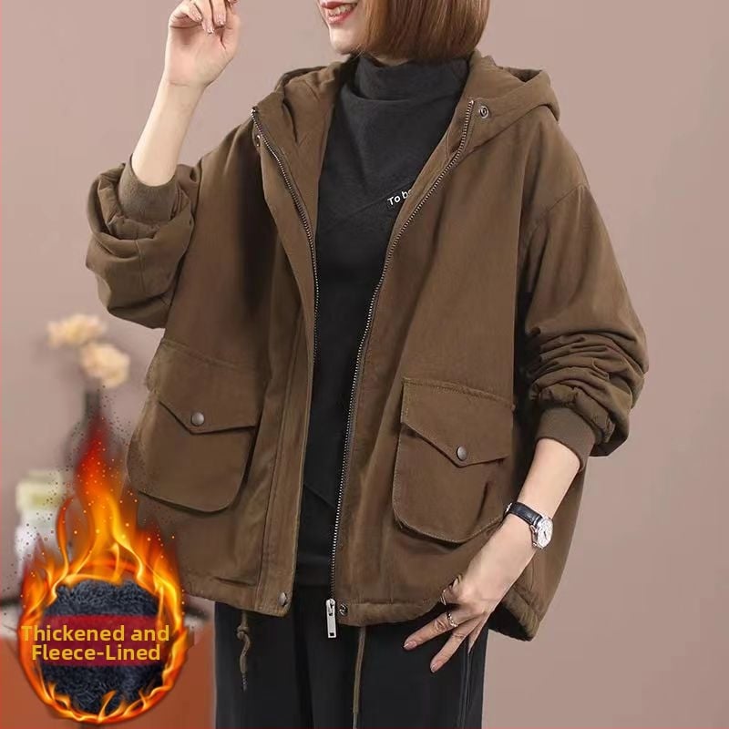 Ženski kaput od pamuka s flis podstavom, kapuljačom, ležernog kroja, zatvaračem, debela izolacija