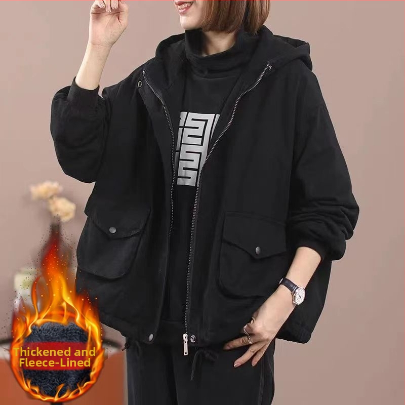 Ženski kaput od pamuka s flis podstavom, kapuljačom, ležernog kroja, zatvaračem, debela izolacija