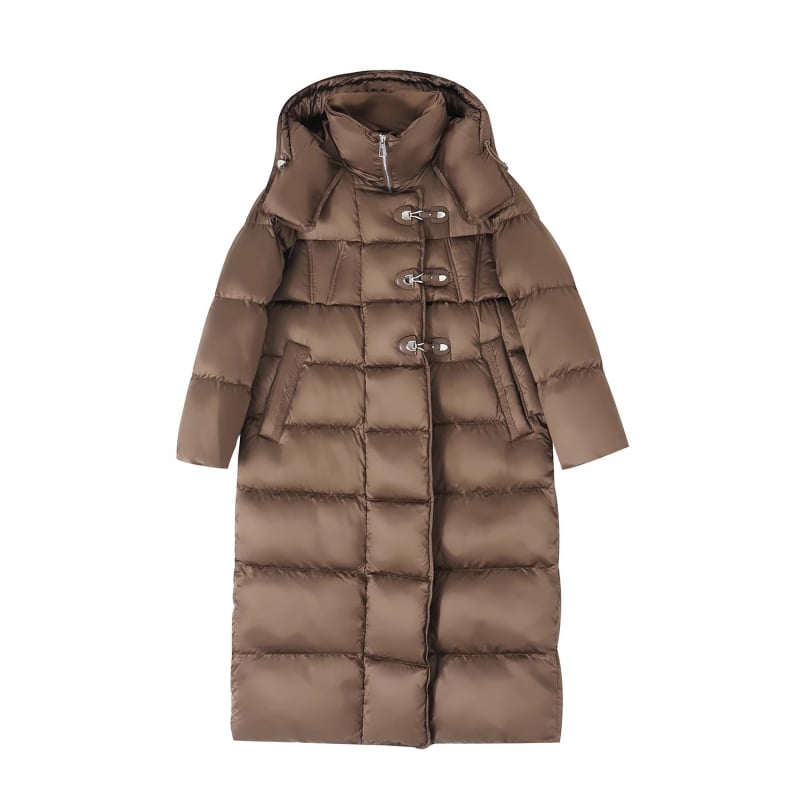 Ženska duga bijela patka down jakna, kapuljača, široki kroj, 86–90% perja, punilo 201–300 g