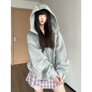 Γυναικείο φούτερ με κουκούλα σε στυλ cardigan, patchwork με χάντρες και σχέδιο αυτιών Ντόμπερμαν, άνετη γραμμή, μακριά μανίκια, φερμουάρ.