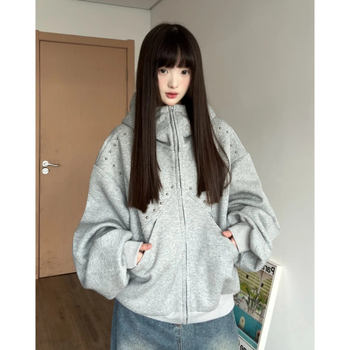 Γυναικείο φούτερ με κουκούλα σε στυλ cardigan, patchwork με χάντρες και σχέδιο αυτιών Ντόμπερμαν, άνετη γραμμή, μακριά μανίκια, φερμουάρ.