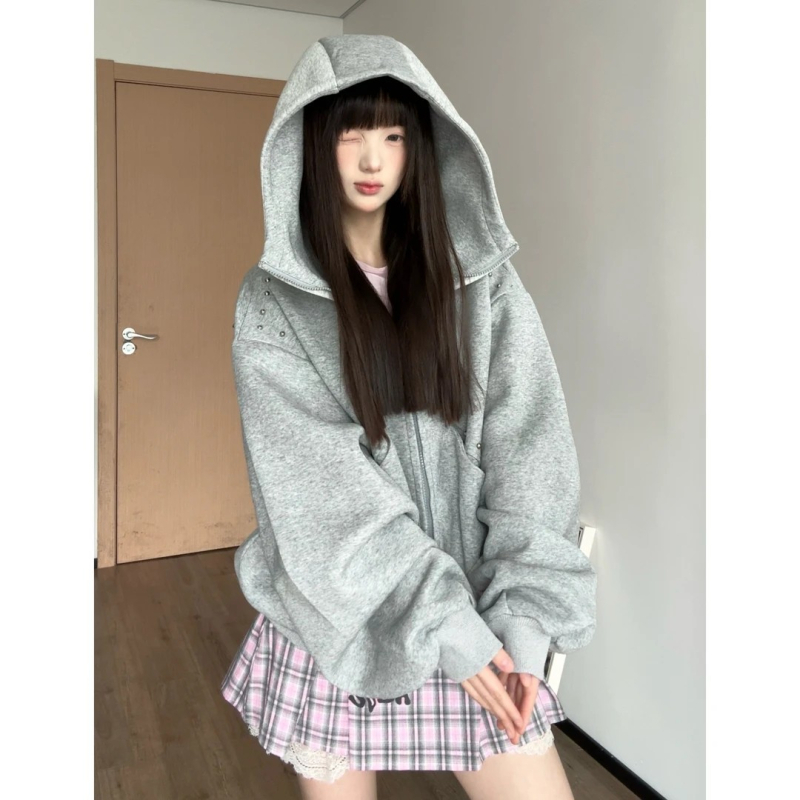 Γυναικείο φούτερ με κουκούλα σε στυλ cardigan, patchwork με χάντρες και σχέδιο αυτιών Ντόμπερμαν, άνετη γραμμή, μακριά μανίκια, φερμουάρ.