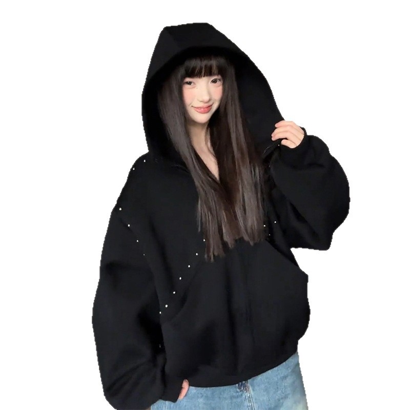 Γυναικείο φούτερ με κουκούλα σε στυλ cardigan, patchwork με χάντρες και σχέδιο αυτιών Ντόμπερμαν, άνετη γραμμή, μακριά μανίκια, φερμουάρ.