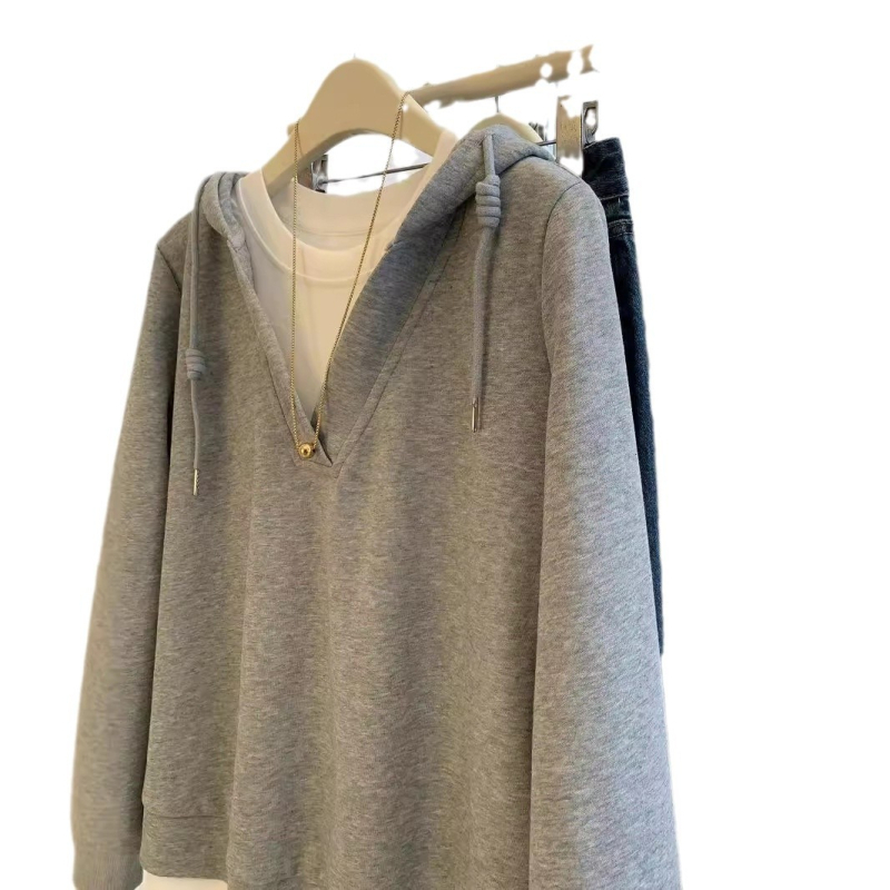 Mikina s kapucňou voľného strihu, dizajn s falošnými dvoma časťami, panelové koláže, dlhé rukávy
