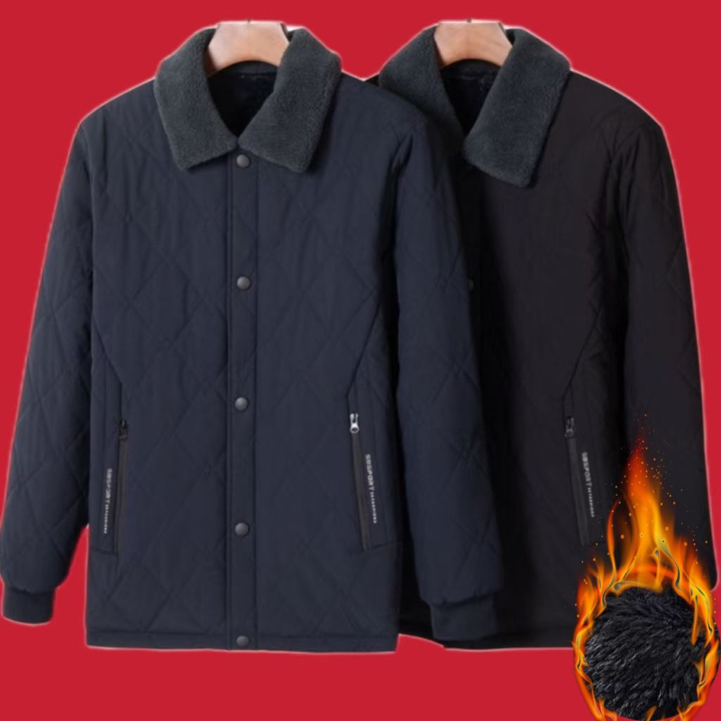 Férfi pamut-tömött dzseki téli viselethez, gallér reverrel, cipzár, nylon külső anyag, oldalsó zsebek