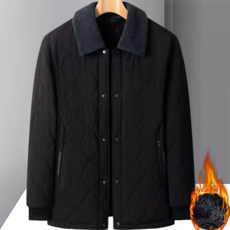 Férfi pamut-tömött dzseki téli viselethez, gallér reverrel, cipzár, nylon külső anyag, oldalsó zsebek
