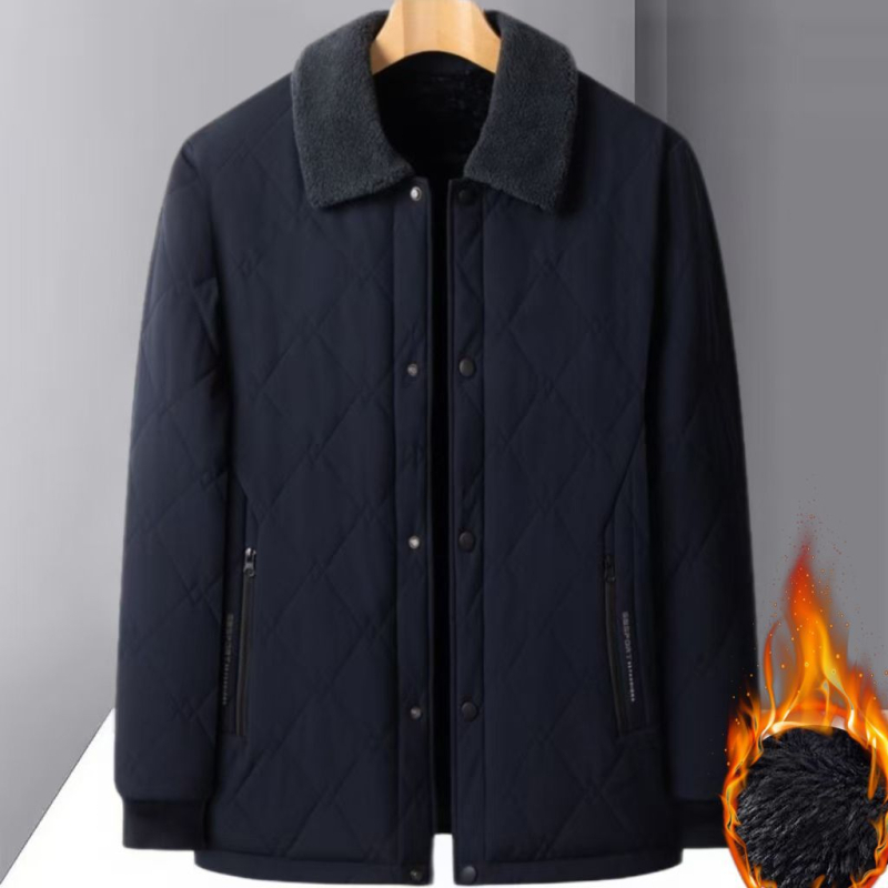 Férfi pamut-tömött dzseki téli viselethez, gallér reverrel, cipzár, nylon külső anyag, oldalsó zsebek