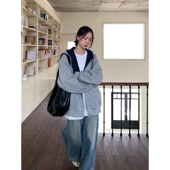 Női kapucnis dzseki-kardigán cipzárral, szabad esésű, középhosszú, hosszú ujjú, japán-koreai lazább stílus