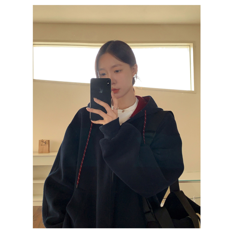 Női kapucnis dzseki-kardigán cipzárral, szabad esésű, középhosszú, hosszú ujjú, japán-koreai lazább stílus