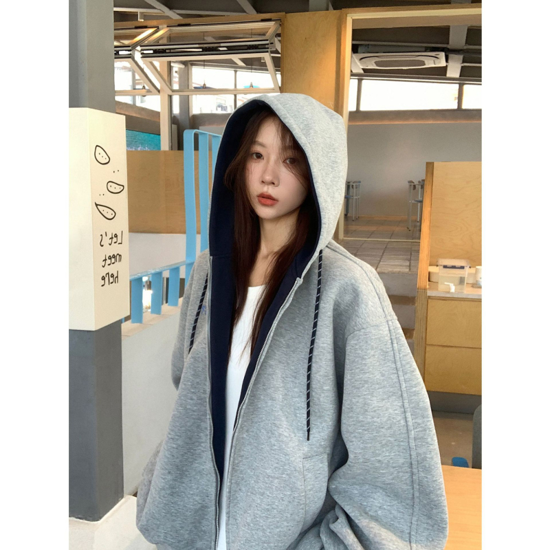 Női kapucnis dzseki-kardigán cipzárral, szabad esésű, középhosszú, hosszú ujjú, japán-koreai lazább stílus