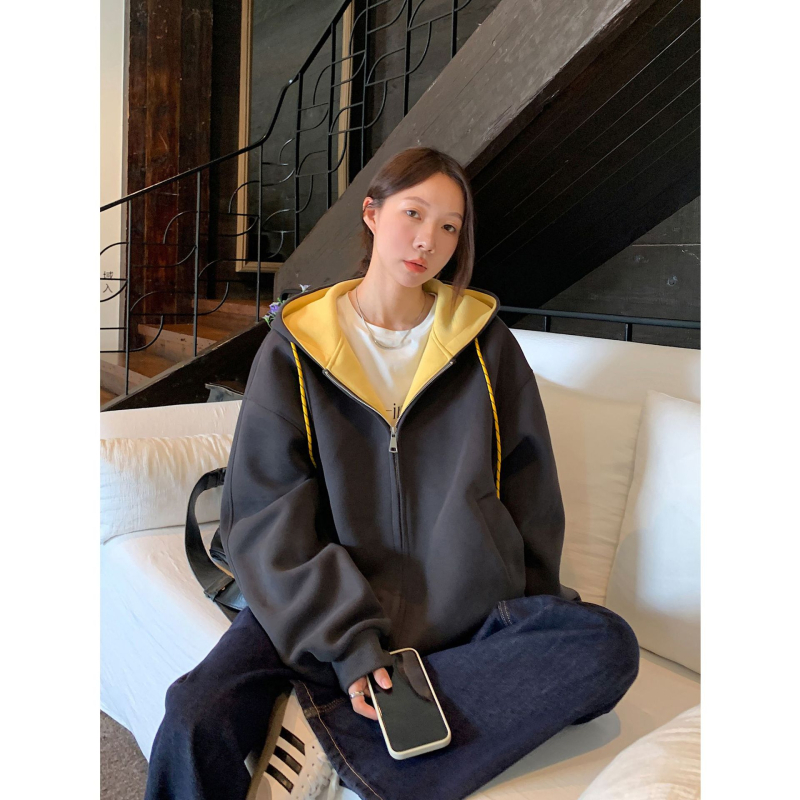 Női kapucnis dzseki-kardigán cipzárral, szabad esésű, középhosszú, hosszú ujjú, japán-koreai lazább stílus