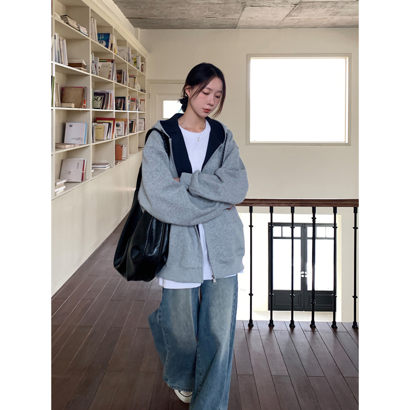 Női kapucnis dzseki-kardigán cipzárral, szabad esésű, középhosszú, hosszú ujjú, japán-koreai lazább stílus