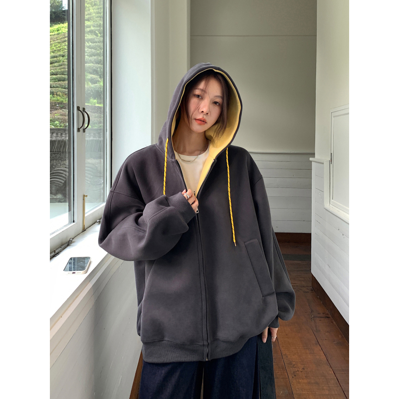 Női kapucnis dzseki-kardigán cipzárral, szabad esésű, középhosszú, hosszú ujjú, japán-koreai lazább stílus