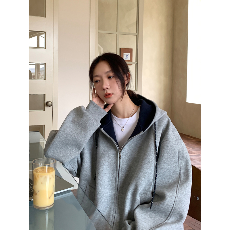 Női kapucnis dzseki-kardigán cipzárral, szabad esésű, középhosszú, hosszú ujjú, japán-koreai lazább stílus