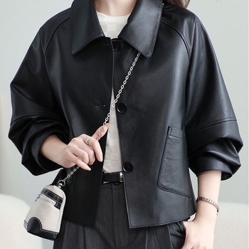 Изкуствено кожено дамско яке, късо, квадратна яка, ръкав тип принцеса, едноредово закопчаване