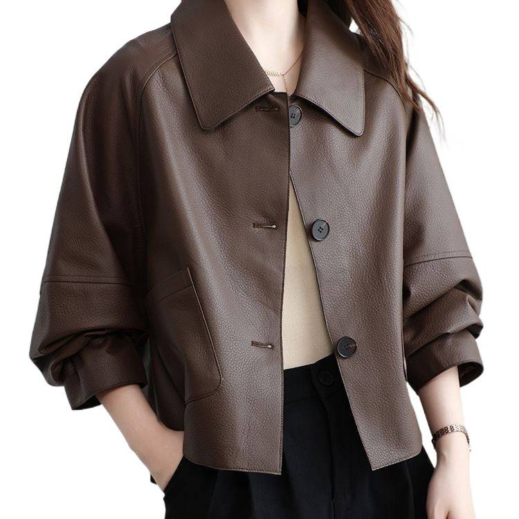 Изкуствено кожено дамско яке, късо, квадратна яка, ръкав тип принцеса, едноредово закопчаване