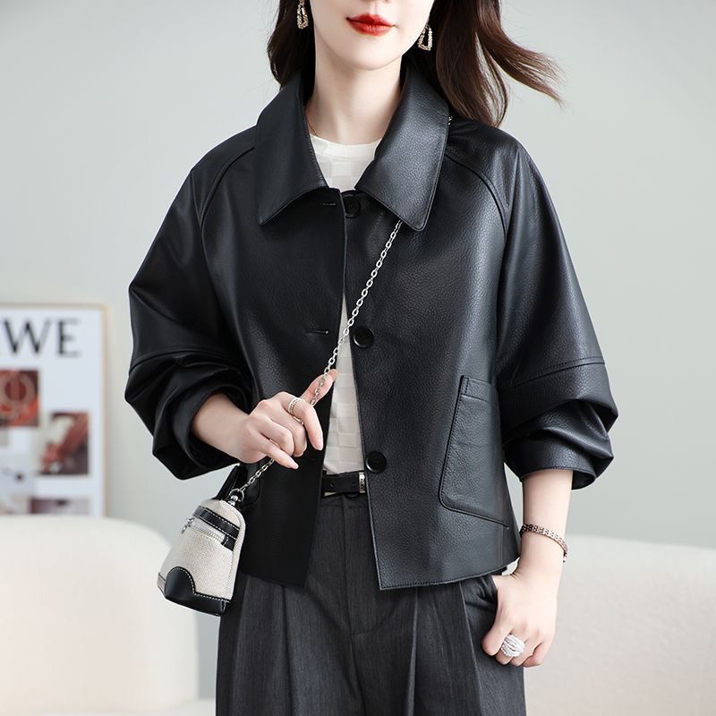 Изкуствено кожено дамско яке, късо, квадратна яка, ръкав тип принцеса, едноредово закопчаване