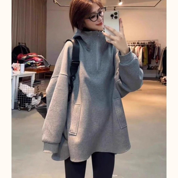 Женски суитшърт с качулка, свободна кройка, Chenille плат със спандекс, поло яка, дълги ръкави, дължина 50–65 cm