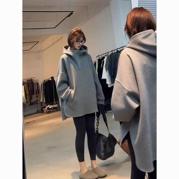 Женски суитшърт с качулка, свободна кройка, Chenille плат със спандекс, поло яка, дълги ръкави, дължина 50–65 cm