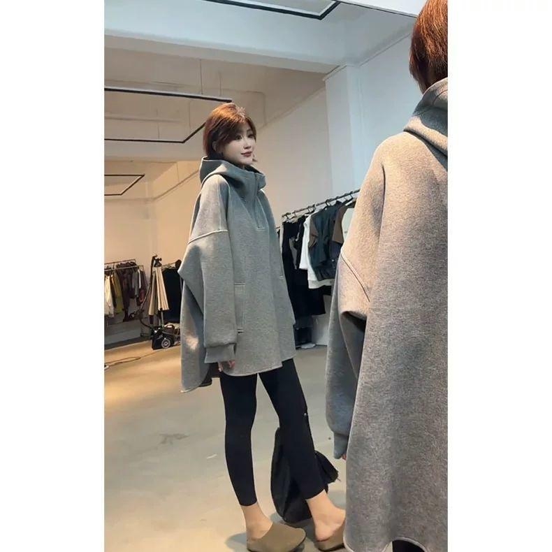 Женски суитшърт с качулка, свободна кройка, Chenille плат със спандекс, поло яка, дълги ръкави, дължина 50–65 cm