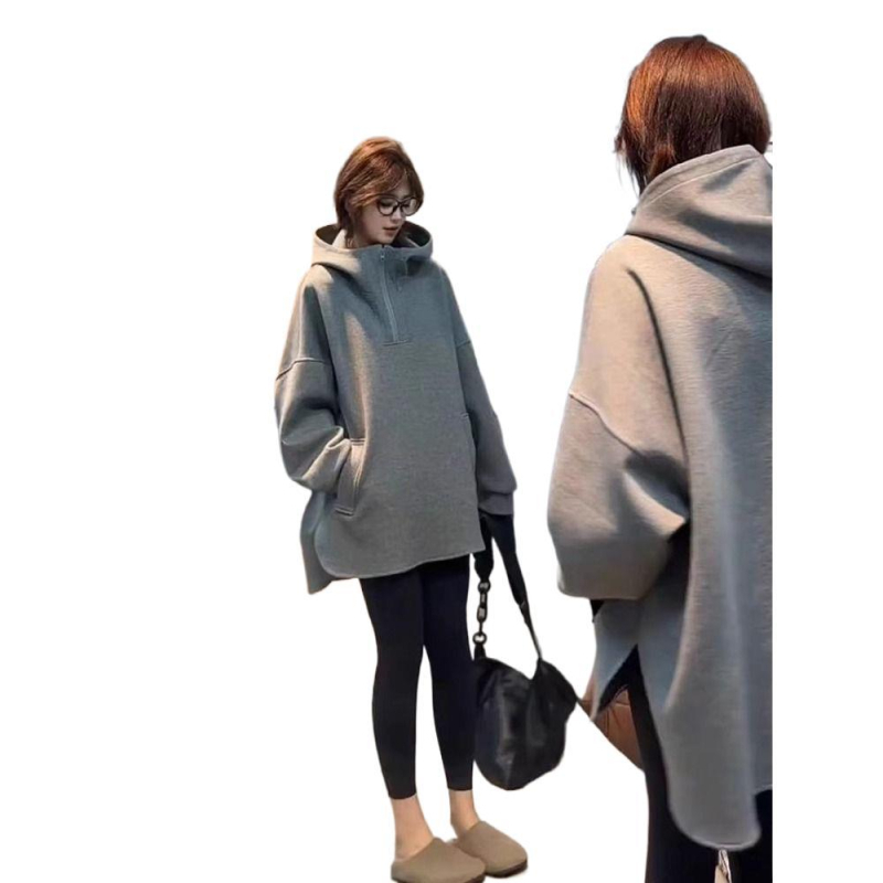 Женски суитшърт с качулка, свободна кройка, Chenille плат със спандекс, поло яка, дълги ръкави, дължина 50–65 cm