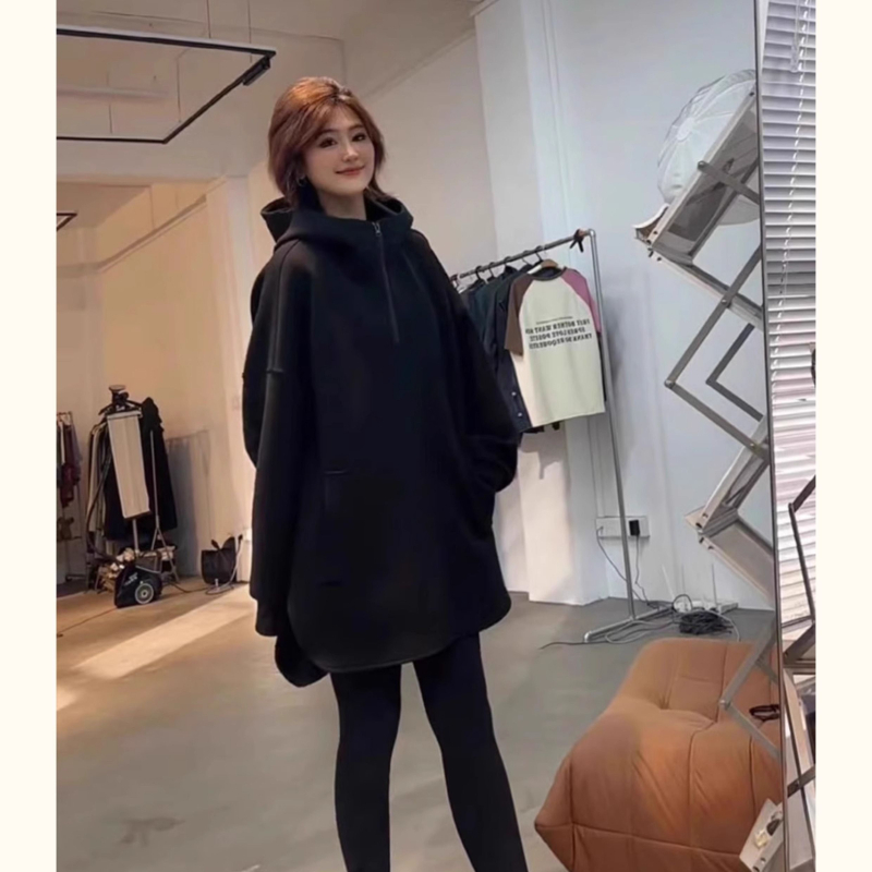 Женски суитшърт с качулка, свободна кройка, Chenille плат със спандекс, поло яка, дълги ръкави, дължина 50–65 cm