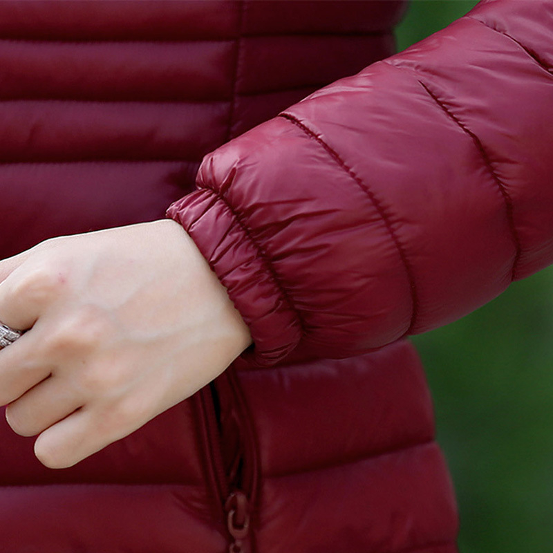 Ženska kratka zimska jakna s Down-Cotton punjenjem, poliester tkanina, stojeći ovratnik, zatvarač, uski kroj