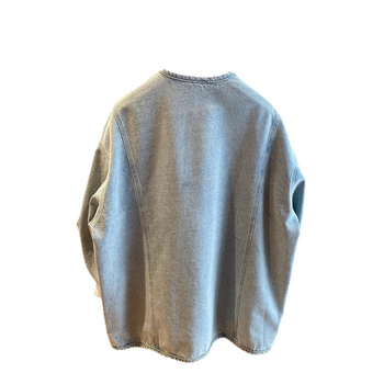 Ženska džins jakna s čipkastim ubacivanjem, okrugli ovratnik, opuštena silueta, dugi rukavi, jednobojna, jesen 2025