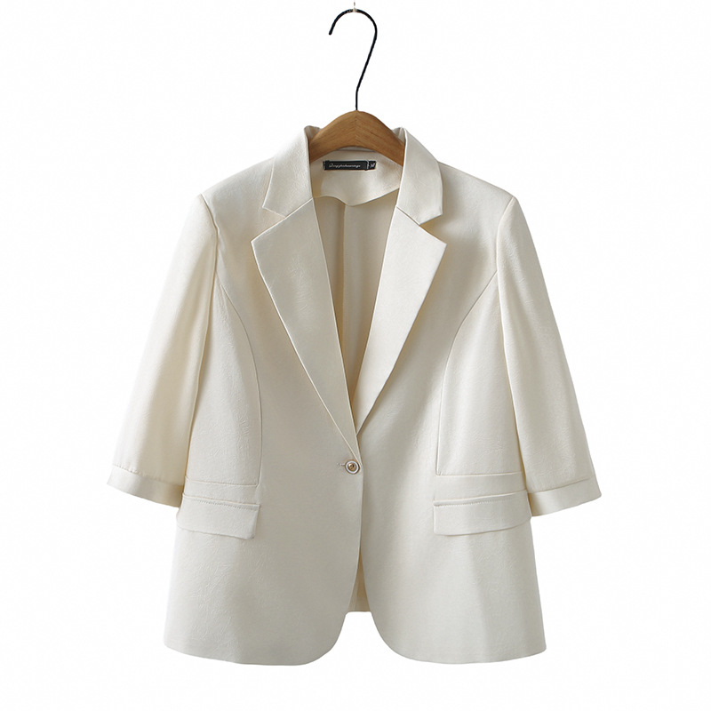 Дамски блейзър с V-образно деколте, ръкав 3/4, релефна текстура, полиестерова тъкан, пролет 2025