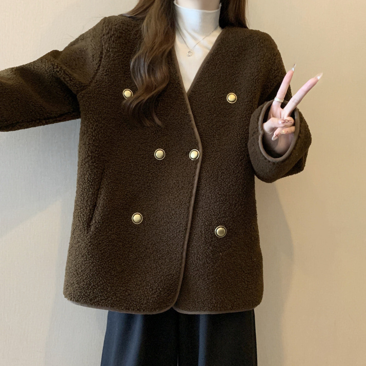 Plus-size ženski kaput, mješavina poliester-spandeks, V-izrez, dvostruko kopčanje, široki kroj