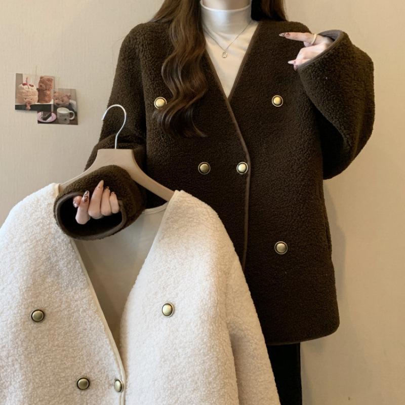 Plus-size ženski kaput, mješavina poliester-spandeks, V-izrez, dvostruko kopčanje, široki kroj