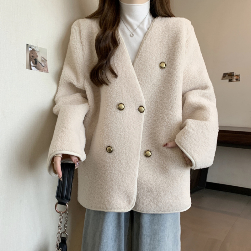 Plus-size ženski kaput, mješavina poliester-spandeks, V-izrez, dvostruko kopčanje, široki kroj